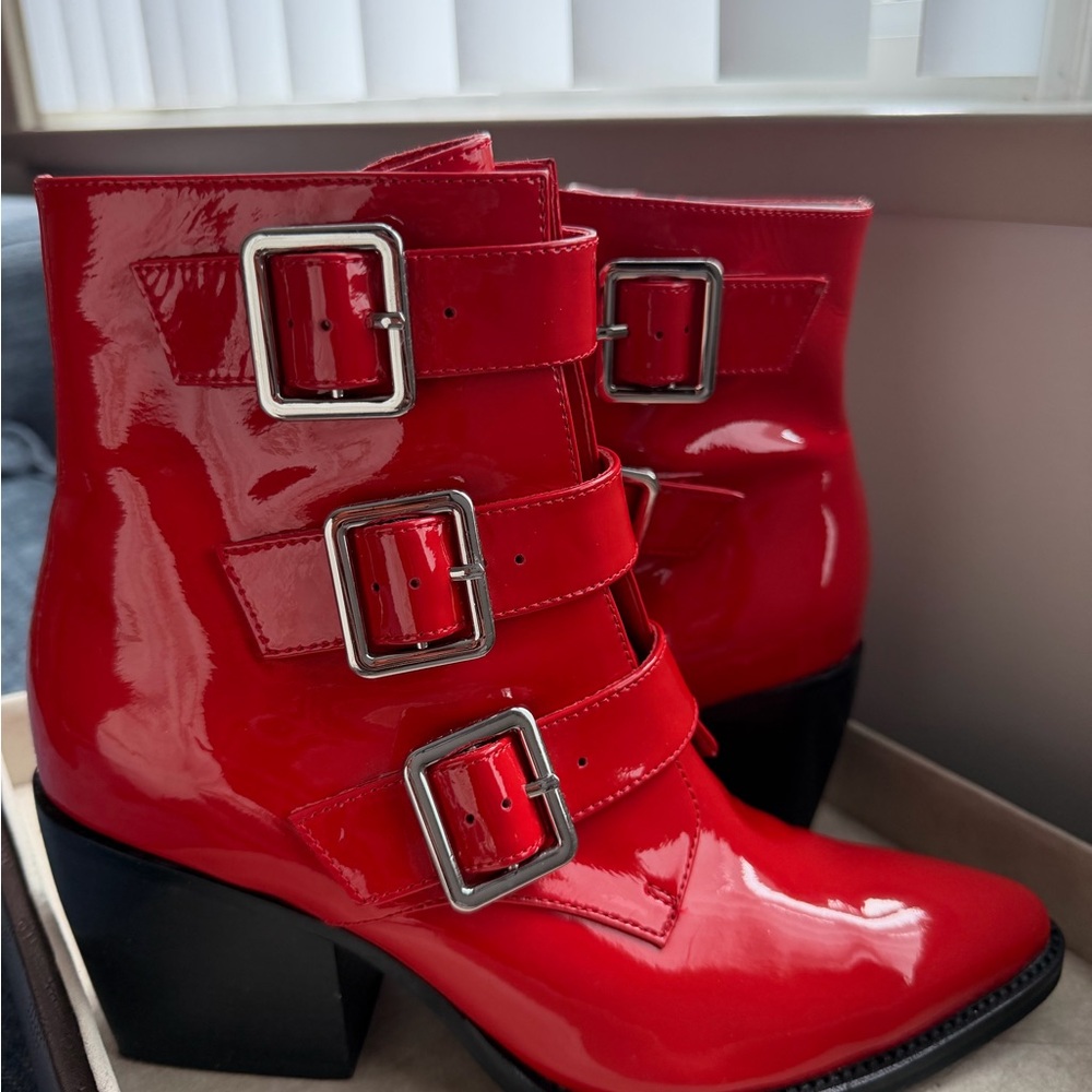 Django & Juliette Marzena Buckled Red Patent Leather Ankle Boots - Picture 2 of 16